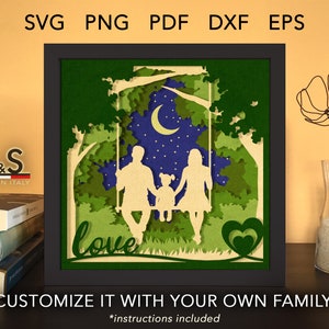 Layered family shadowbox design with customizable family on a swing. This family portrait light box svg template includes SVG, PNG, DXF and EPS files for cutting machines and laser cut. Size 8x8 inches.