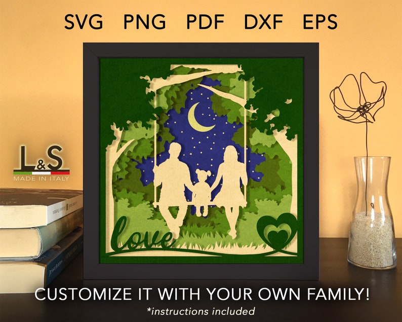 Layered family shadowbox design with customizable family on a swing. This family portrait light box svg template includes SVG, PNG, DXF and EPS files for cutting machines and laser cut. Size 8x8 inches.