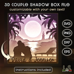 Couple personnalisable Shadowbox Svg, mariage sur la plage Svg, fichier Svg Lightbox de la Saint-Valentin, modèle de boîte à lumière amour, art du papier en couches 3D