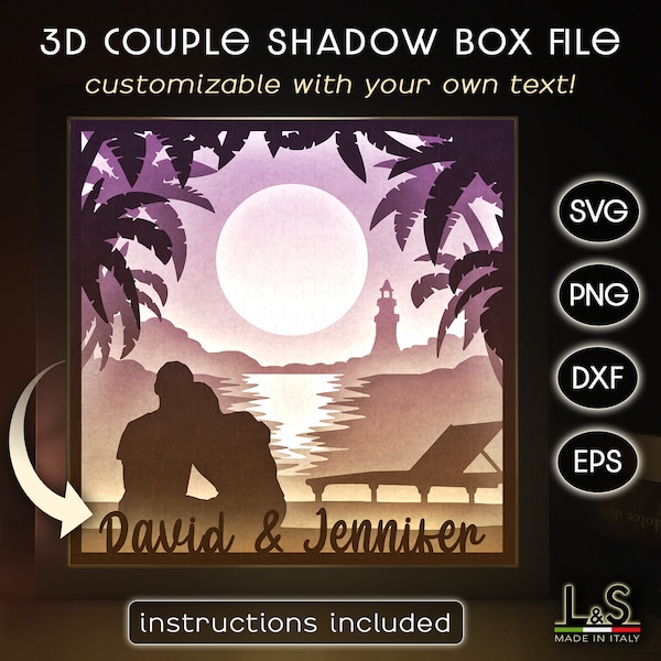 Customizable Couple Shadowbox Svg, Beach Wedding Shadow Box Svg, Valentine Lightbox Svg File, Love Light Box Template, 3D Layered Paper Art
