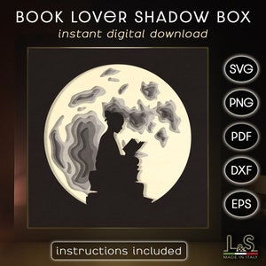 Libro a strati Shadow Box Svg Cricut, Ragazza che legge Svg Shadowbox Art, 3D Lightbox Svg, Modello di scatola luminosa tagliata con carta, File laser amante del libro