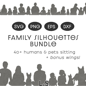 Sitzende Familie Silhouetten-Svg-Dateien, Familie Clipart-Bundle, Benutzerdefiniertes Familienporträt mit Haustieren, Eltern und Kindern, Gedenkstätte für Hund, Png