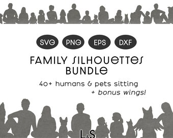 May include: A digital download of 40+ family silhouettes, including humans and pets, in sitting poses. The silhouettes are in gray and white, and the text "FAMILY SILHOUETTES BUNDLE" is displayed in black. The text "40+ humans & pets sitting + bonus wings!" is also displayed in black.