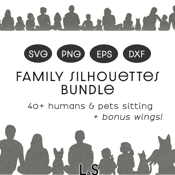 Assis famille silhouettes fichiers SVG, famille Clipart Bundle, portrait de famille personnalisé avec animaux de compagnie, parents et enfants SVG, mémorial pour chien Png