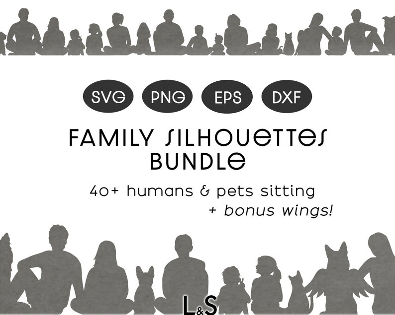 family silhouettes bundle with more than 40 humans and pets sitting