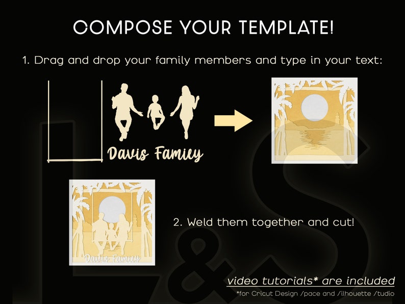 This family shadow box design can be customized with more than 40 different family members and family name or any other text. Instructions are included for Cricut and Silhouette cutting machines.