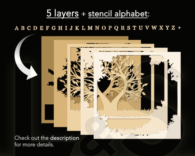 Layered family tree shadow box svg cut files download with 5 layers and stencil alphabet.