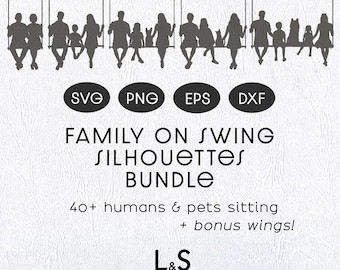 Bundle de cliparts famille assis, portrait de famille personnalisable avec animaux de compagnie, couple Silhouette Svg, famille sur la balançoire, amis Silhouette Svg