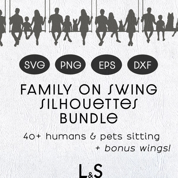 Sitting Family Clipart Bundle, Customizable Family Portrait with Pets, Couple Silhouette Svg, Family on Swing, Friends Silhouette Svg