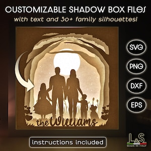 3D light shadow box template customizable with family members and family name. This family light box template includes SVG, PNG, DXF and EPS files for cutting machines and laser cut. Size 8x8 inches.