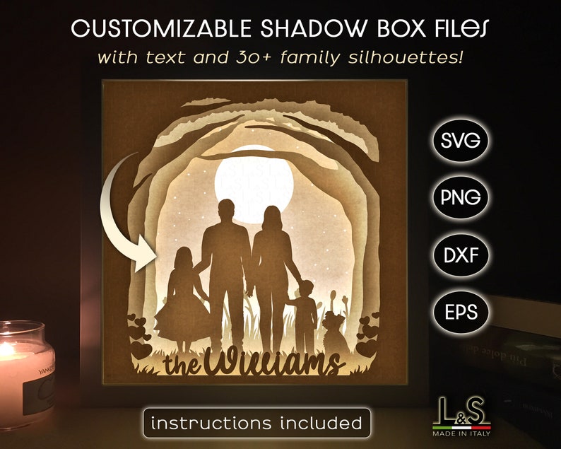 3D light shadow box template customizable with family members and family name. This family light box template includes SVG, PNG, DXF and EPS files for cutting machines and laser cut. Size 8x8 inches.
