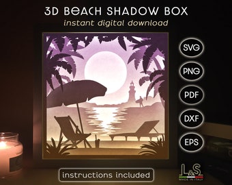 May include: A digital download of a 3D shadow box design featuring a beach scene with palm trees, a beach umbrella, lounge chairs, a lighthouse, and a full moon. The design is in shades of purple, pink, and yellow. The text "3D Beach Shadow Box" and "instant digital download" is at the top of the image. The text "instructions included" is at the bottom of the image. The text "SVG, PNG, PDF, DXF, EPS" is on the right side of the image. The text "L&S Made in Italy" is at the bottom right of the image.
