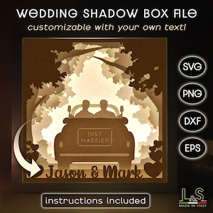 Spersonalizowane pudełko na cienie na ślub gejowski Svg Cricut, Just Married Svg Lightbox, Rocznica Shadowbox Laser File, 3D Paper Cut Light Box Szablon