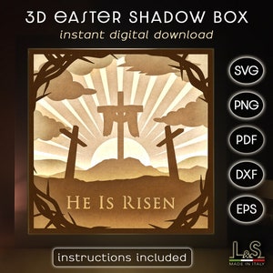 3D-Ostern Schattenbox svg, Geschichtete Oster Light Box svg, Jesus Schattenbox, Papercut Lightbox, Religiöse Schattenbox Vorlage, Er ist auferstanden svg