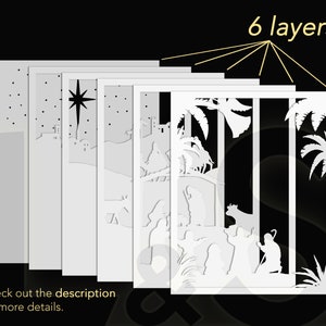 This Christmas nativity shadow box template is composed of 6 layers that have to be stacked on top of each other. Check out the product's description for more details.
