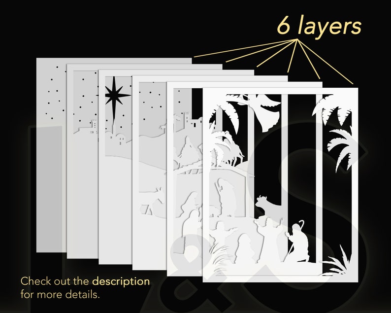This Christmas nativity shadow box template is composed of 6 layers that have to be stacked on top of each other. Check out the product's description for more details.