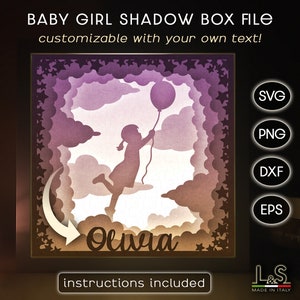 Personnalisable Shadowbox bébé fille Svg Cricut, Art personnalisé Shadowbox, Svg Lightbox, modèle de caisson lumineux en papier, Shadowbox en couches pour chambre de bébé