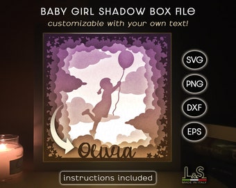 Customizable Baby Girl Shadow Box Svg Cricut, Personalized Shadowbox Art, Lightbox Svg, Paper Light Box Template, Layered Nursery Shadow Box