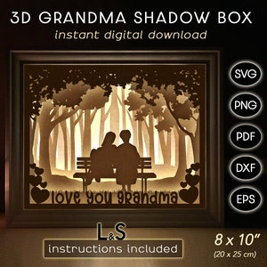 3D light shadow box design with grandmother and young girl. This love you grandma light box template includes SVG, PNG, PDF, DXF and EPS files for cutting machines and laser cut. Size 8x10 inches.