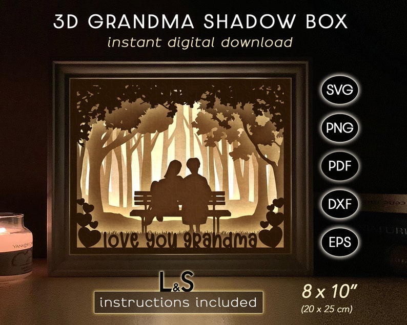 3D light shadow box design with grandmother and young girl. This love you grandma light box template includes SVG, PNG, PDF, DXF and EPS files for cutting machines and laser cut. Size 8x10 inches.