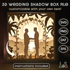 Gay Wedding Shadow Box Svg Cricut, Personalizowane Rocznicowe Shadowbox Svg, Sztuka 3D Lightbox, Szablon Papierowego Pudełka Lightbox, Warstwowy Plik Laserowy