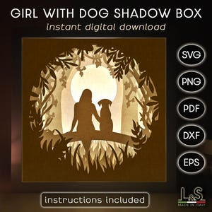 Mädchen mit Hund Schattenbox SVG Cricut, Schattenbox Kunst, 3D Lightbox svg, Papierschnitt Licht Box Vorlage, geschichteter Hund Laser Cut-Dateien