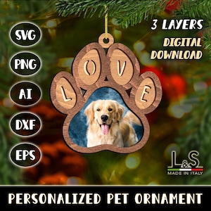 File laser per ornamento zampa di cane personalizzato, ornamento per animali domestici SVG, ornamento natalizio personalizzabile, artigianato di carta a strati, decorazione natalizia fai da te