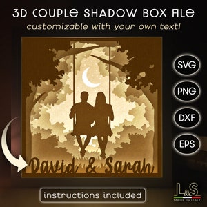 Niestandardowe pudełko na cień ślubny Svg, plik Love LightBox Svg, plik Couple Shadowbox Svg, szablon Valentine Light Box, 3D warstwowa sztuka wycinania papieru