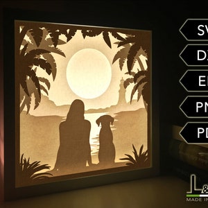 3D light box design with girl and dog at the beach. This dog shadow box template includes SVG, PNG, PDF, DXF and EPS files for cutting machines and laser cut. Size 8x8 inches.