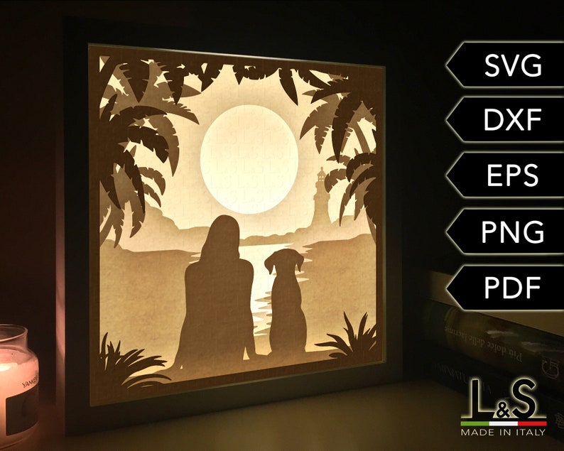 3D light box design with girl and dog at the beach. This dog shadow box template includes SVG, PNG, PDF, DXF and EPS files for cutting machines and laser cut. Size 8x8 inches.