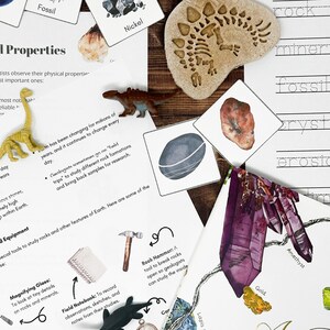 May include: A close-up of a worksheet with the words "Rock Properties" and "Fossil" written on it. There are several images of rocks, minerals, and fossils, as well as a magnifying glass, a hammer, and a field notebook. The worksheet is designed to help students learn about the properties of rocks and minerals.