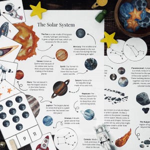 May include: A colourful educational chart about the solar system with illustrations of the sun, planets, and moons. The chart includes text describing each celestial body, such as "The Sun is a star made of hot gases (mostly hydrogen and helium). It gives us light and heat, which are necessary for life on Earth."