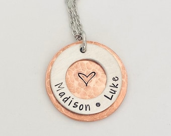 Rustic Mom necklace with kids names on brushed silver and hammered copper by Mountainside Surf Shop