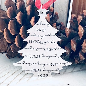 Personalized Family Name Christmas Tree Ornament – Hand Stamped Metal Holiday Keepsake with Year