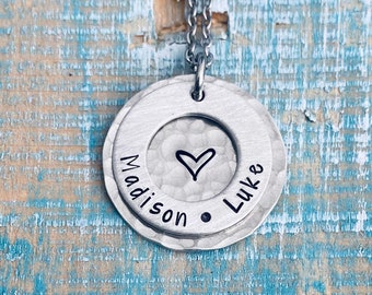 Rustic Mom necklace with kids names with silver on silver by Mountainside Surf Shop