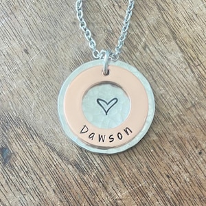 Rustic Mom necklace with kids names and shiny copper by Mountainside Surf Shop