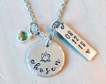 Chosen Adoption Necklace: Pewter, Birthstone, Stainless Steel chain with Custom Gotcha Date