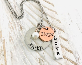 Hand Stamped Faith Hope Love Necklace: Pewter & Copper, Inspirational Gift