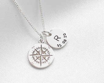 Compass Necklace, Travel Necklace, Sterling Silver, Graduation Gift, Travel Jewelry, Compass Pendant, Initial & Date Necklace, Personalised