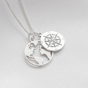 World Map & Compass Necklace, Sterling Silver, Earth Necklace, Globetrotter Necklace, Travel Jewelry Gift, Best Friends Gift, Friendship