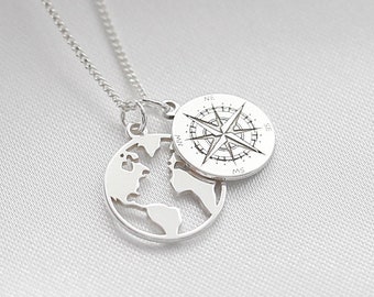 World Map & Compass Necklace, Sterling Silver, Earth Necklace, Globetrotter Necklace, Travel Jewelry Gift, Best Friends Gift, Friendship