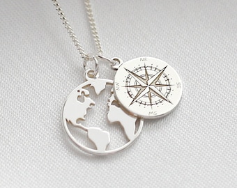 Travel Necklace, World Map & Compass Necklace, Sterling Silver, World Necklace, Travel Jewelry Gift, Best Friends Gift, Gift For Her