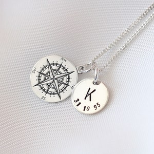 Initial & Date Compass Rose Necklace Graduation Gift, Silver Nautical Compass, Travel Gift For Her, Journey Gift,Rose Of The Winds,Polaris image 2