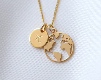 Custom Map Necklace, Travel Necklace, 24k Gold Plated, Hand Stamped Initial, Travel Jewelry, World Globe Gift, Adventure, Leaving Necklace