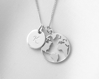 Custom Map Necklace, Travel Necklace, Sterling Silver, Hand Stamped Initial, Travel Jewelry, World Globe Gift, Adventure, Leaving Necklace