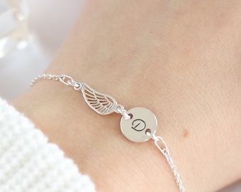 Personalised Angel Wing Sterling Silver Bracelet | Custom Angel Bracelet | Bridesmaid Jewelry | Angel Guardian Initial Bracelet | Wing Charm