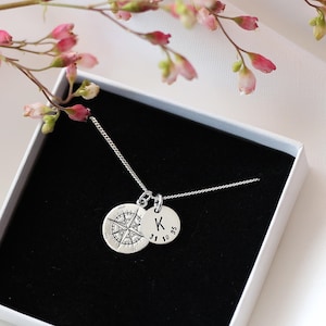 Initial & Date Compass Rose Necklace Graduation Gift, Silver Nautical Compass, Travel Gift For Her, Journey Gift,Rose Of The Winds,Polaris image 1