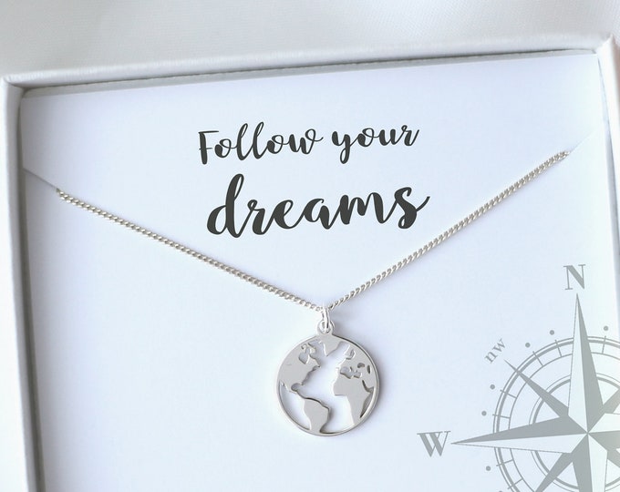 World Map Necklace, Travel Necklace, Gift For Her, Christmas Gift, Graduation Gift, Map Jewelry, Sterling Silver, Travel Birthday Gift Idea