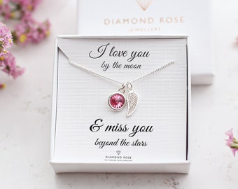 Personalised Memorial Necklace, Loss Necklace, 925 Sterling Silver Angel Wing & Birthstone Necklace, Sympathy Gift For Loss