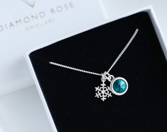 Snowflake Necklace, Swarovski Birthstone,Winter Christmas Necklace, Snowflake Birthday Gift, Christmas Gift For Her, Sterling Silver, Custom